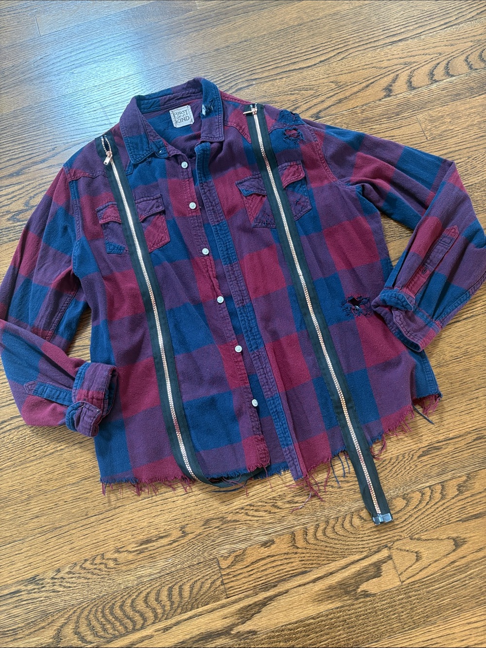 Furst of a Kind LF upcycled distressed Plaid Button-Up Shirt Jacket, one size